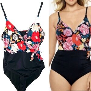 NEW Floral One Piece Faux Wrap Swimsuit Size XL 16/18 Black Blue Red